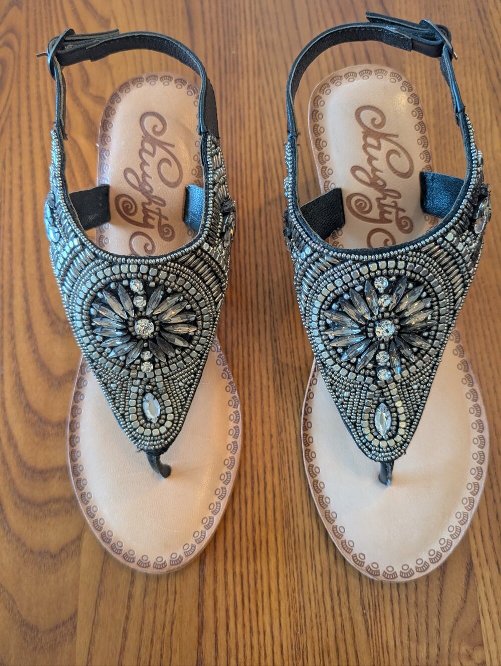 Naughty Monkey Black Leather Jeweled, Beaded T-Strap Wedge Sandals, Size 8 - NEW